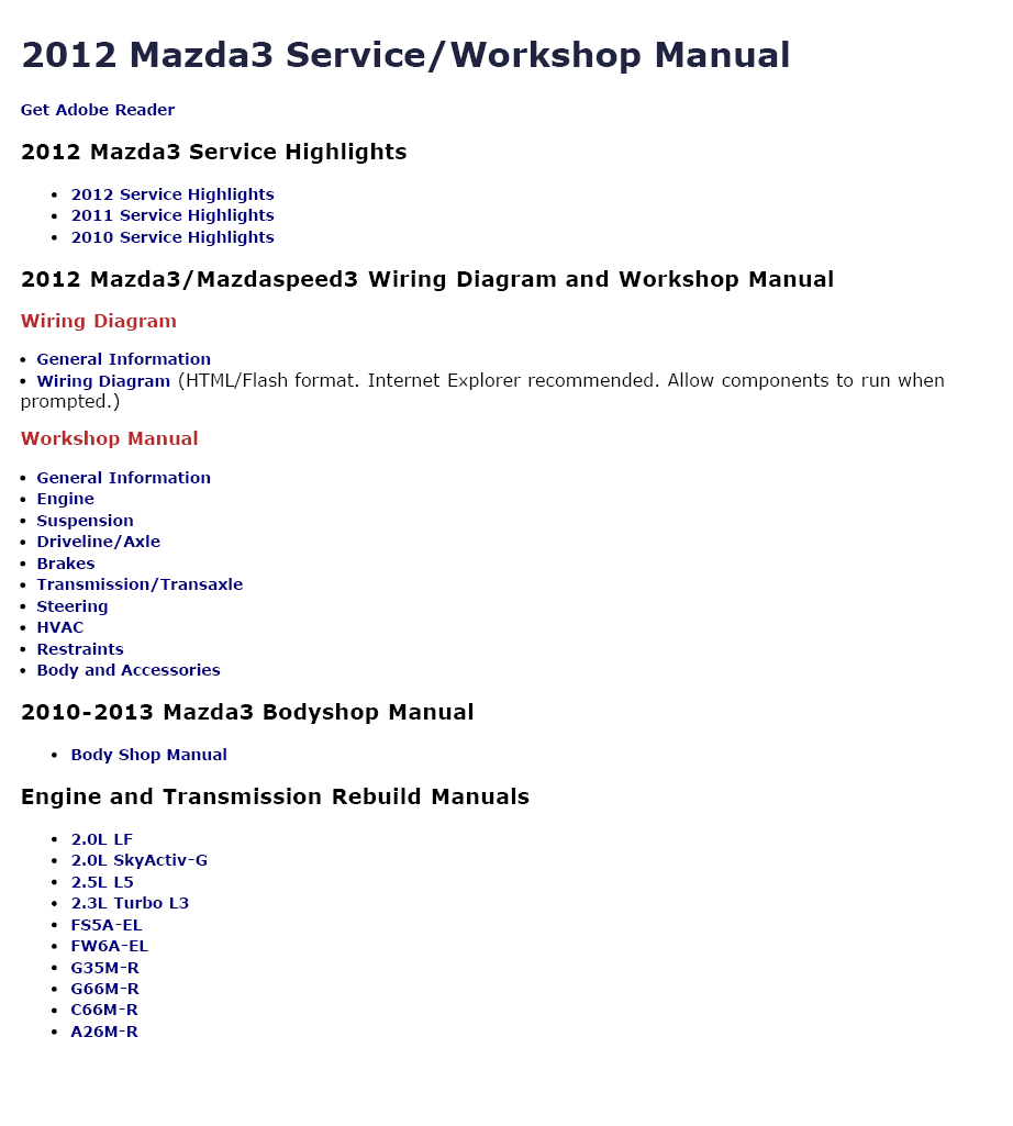 2012 Mazda3, Mazdaspeed3 Repair Service Manual - Image 2
